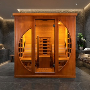 Sauna moderna de madera con puerta de vidrio y ventanas circulares, sistema de calefacción eléctrico de cedro rojo occidental para uso interior. - Product Image 3