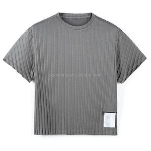 T-shirt Corta a Costine 100% Poliestere, Maglia a Costine Larghe, Collo Alto, Manica Corta, Vestibilità Slim, Elasticizzata, <span class=keywords><strong>Maglietta</strong></span> Basica, Etichetta Personalizzata OEM - Product Image 3