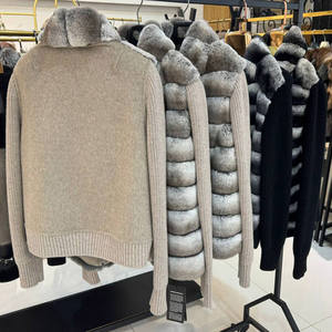 เสื้อแจ็คเก็ตกันลมสำหรับผู้หญิง ฤดูหนาว หรูหรา คอตั้ง ขนกระต่ายเร็กซ์แท้ แขนถัก ผ้าขนสัตว์ - Product Image 2