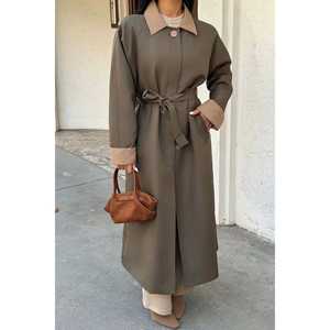 Manteau long kaki pour femme, col imprimé, double boutonnage, imperméable, en tissu tricoté, style décontracté pour l'automne, coton personnalisé - Product Image 4