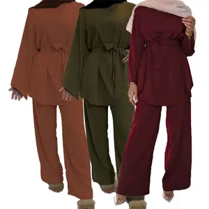 Celana Kaki Lebar Wanita Dubai Timur Tengah Set Dua Potong Kemeja Renda Muslim Celana Kaki Lurus Longgar untuk Wanita