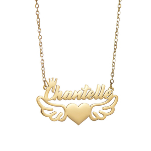 Collier personnalisé avec nom personnalisé Ailes creuses Coeur Couronne Lettre Pendentif Collier en acier inoxydable pour femmes hommes Uionen 2091 - Product Image 5