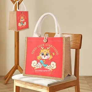 Sac fourre-tout <span class=keywords><strong>en</strong></span> <span class=keywords><strong>toile</strong></span> à motif de dessin animé, poignée <span class=keywords><strong>en</strong></span> corde, cadeau de centre commercial, édition artistique porte-bonheur du Nouvel An, rouge 32 - Product Image 2
