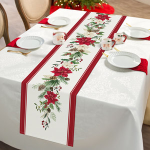 Runner da Tavola Rosso Natalizio con Rami di Pino, Bacche Rosse e Pigne, Decorazione per <span class=keywords><strong>Cucina</strong></span>, Sala da Pranzo, Casa e Feste - Product Image 3