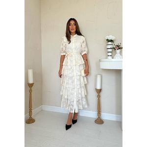 Robe élégante beige à motifs superposés, taille unique XL, longueur genou, pour le quotidien, les fêtes et le bureau, décolleté sans bretelles - Product Image 5