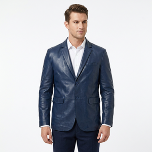 Erkek Gerçek Mavi Deri Blazer Çentikli Yaka Sığır Derisi Ceket İki Düğmeli Cepler Özel Resmi İş Günlük Lüks Dış Giyim Yeni - Product Image 1
