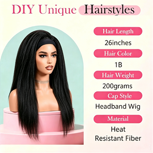Perruque synthétique longue et bouclée Yaki, style afro kinky straight, bandeau intégré, noir naturel pour femmes, vente en gros - Product Image 5