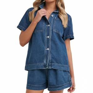 Conjuntos de mezclilla de algodón para mujer, conjunto informal de dos piezas para mujer, Top sin mangas, pantalones cortos de cintura alta, mezclilla 2026 - Product Image 1