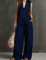 Nouvelle collection été 2026 : Ensemble 2 pièces chic et décontracté pour femme – Gilet sans manches en lin à col en V et pantalon large rose