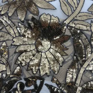High Quality Luxury Design Gold Sunflower Sequin Lace Fabric On Organza Fabric For Fashion Dress SS210306-SQ10