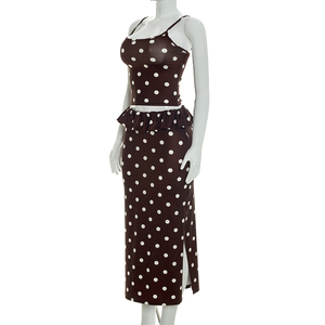 Viviblook Y26ST248 Women Summer Skirt Set New Polka Dot Sexy Sleeveless <b>Suspender</b> Tank Top Split Maxi Skirt Two Piece Set - Product Image 4