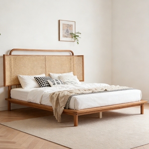 Lit mural en bois massif <span class=keywords><strong>de</strong></span> frêne tressé en rotin, style Wabi Sabi moderne et organique, disponible en tailles King et Queen, mobilier <span class=keywords><strong>de</strong></span> chambre à coucher - Product Image 2