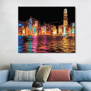 Kit Pittura a Numeri Arte Moderna, Scena Notturna al Mare con Edifici Urbani, <span class=keywords><strong>Set</strong></span> Pittura a Olio Fai da Te su Tela Senza Cornice - Product Image 2