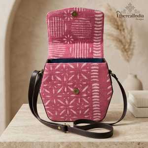 <b>Boho</b> Cotton Rug Crossbody <b>Bag</b> Hand Block Print Ragzine Fabric Small Shoulder <b>Bag</b> with Leather Strap - Product Image 5