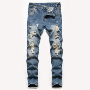 Estilo Ropa para hombre <span class=keywords><strong>2022</strong></span> Verano Simple Azul Rasgado Lavado Suelto Recto Hombres Pantalones vaqueros holgados, pantalones vaqueros para hombres - Product Image 1