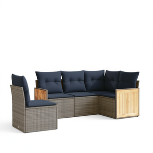 Grey Poly <b>Rattan</b> Garden <b>Sofa</b> Set 5 Piece With Cushions Outdoor Furniture Contemporary Design Teak Wood Panels - Product Image 1