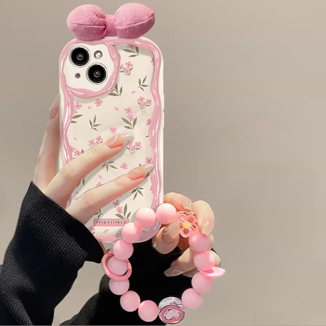 Bowknot Tulip Flower Printing With Bead Bracelet TPU Mobile Phone Cover Case for Iphone 6 7 8 X Xr XS 11 12 13 14 15 16 Pro Max