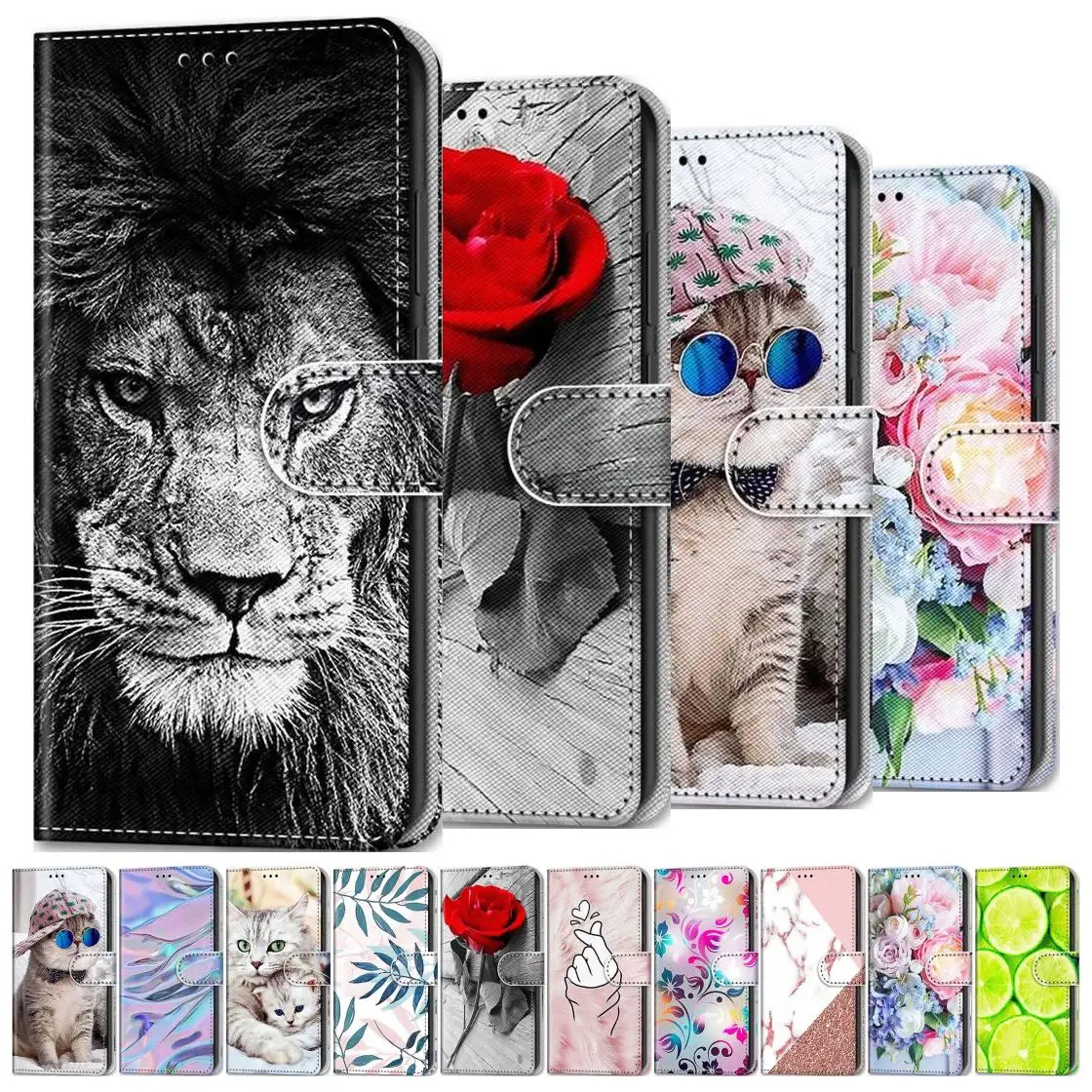 Rose Lion Painted Phone Shell For Case Huawei P Smart 2020 Z 2019 P40 Lite E P30 Pro P20 Plus 2018 Patterned Wallet Cover DP08F