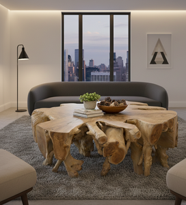 Table basse unique en racine de teck avec base sculpturale à grain naturel et plateau en verre transparent pour des intérieurs modernes et élégants - Product Image 3