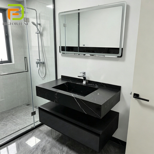 Ensemble de meubles de salle de bain modernes pour hôtel, vasque simple, montage mural, comptoir en marbre, armoires de salle de bain avec miroir LED et tiroir - Product Image 1