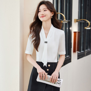 Women's <b>White</b> Short Sleeve Chiffon Shirt With Ribbon Tie Office Professional Blouse Solid Color Polyester Fabric - Product Image 2
