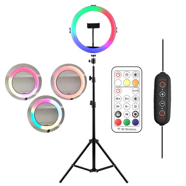 Colorful Rgb LED Circle Selfie Fill Light 26cm 10inch Photo Ring Photography Lamp with Tripod Stand Remote Control for YouTube