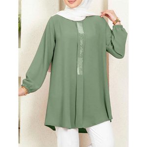 Women Casual Solid Ramadan Dubai Turkish Shirt Islam Clothing Autumn Fashion <strong>Sequins</strong> Blouse Long Sleeve Muslim <strong>Tops</strong> - Product Image 1