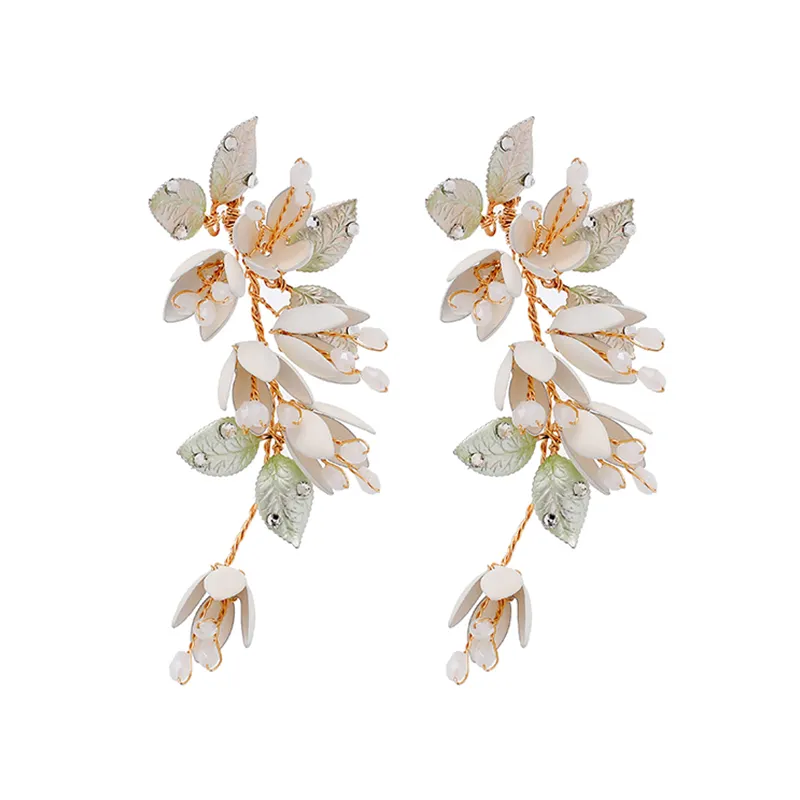 Handmade Bridal Gold Leaves Flower Clip Earring Wedding Statement Earrings Women