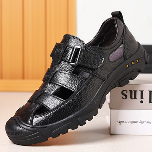 Men's Leather Cross Strap Sandals Breathable Hollow Out Soft Sole Slip On Driving Shoes Black Brown 9016 - Product Image 1