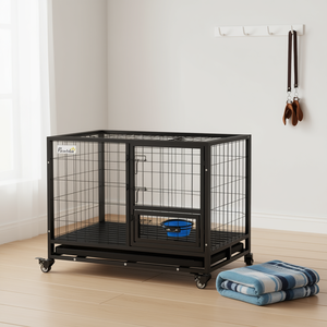 PawHut Heavy Duty Metal <b>Dog</b> <b>Kennel</b> Black Rectangle Medium To Large <b>Dogs</b> <b>Indoor</b> All Seasons With Wheels And Removable Tray - Product Image 2