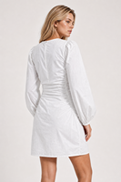 Robe Courte Blanche Femme 100% Nylon Col Rond Manches Bouffantes Froncées sur les Côtés Élégante Robe de Soirée Vente en Gros Automne/Hiver 2026
