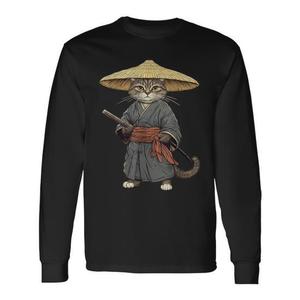 Camiseta de manga larga con diseño de gato disfrazado de samurái, color negro, talla unisex para adultos - Product Image 1