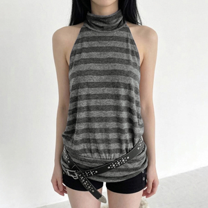 CAMIS décontracté vintage respirant en tricot à col roulé rayé sans manches - Product Image 1