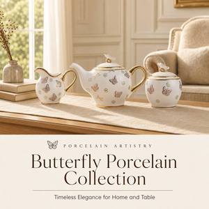 Ensemble de 3 pièces en porcelaine motif papillon : Théière, Pichet à lait, Sucrier à couvercle avec accents dorés – Vaisselle décorative pour la maison et idéale pour offrir - Product Image 3