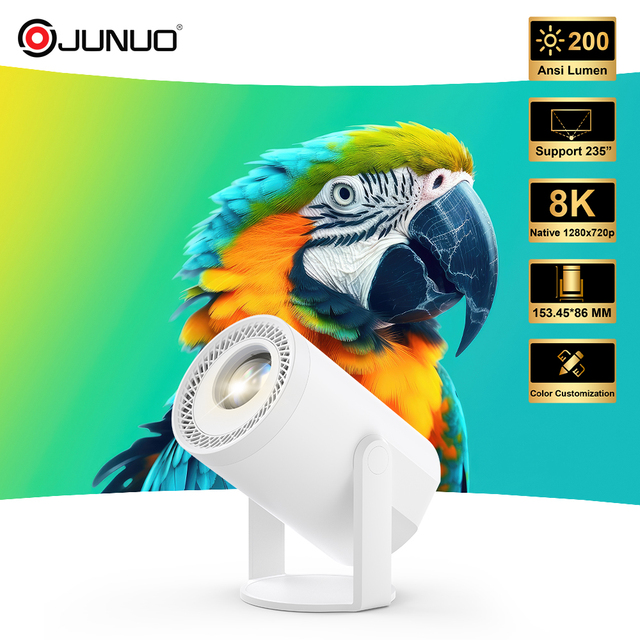 JUNUO TURN1 Mini Video Projector Android 14 WiFi6 235-Inch 200 Lumens 720P 4K Support Short Throw Built-in Speakers Home Theater
