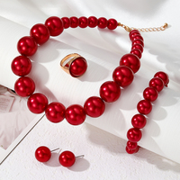 KISSWIFE Ensemble de 4 pièces pour femmes, collier de perles blanches, roses, rouges, boucles d'oreilles, bracelet, bague, ensemble de bijoux de fête de mariage pour femmes