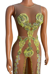 Costume nightclub bar <span class=keywords><strong>cantante</strong></span> femminile piena di gonna lunga a fessura in prospettiva a rete di diamanti - Product Image 4