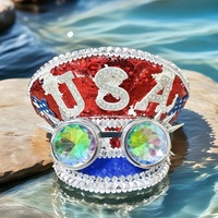 Chapeau de luxe à sequins et strass pour le 4 juillet, vente en gros, 3 MOQ |   Lunettes steampunk à pointes rouges et bleues USA personnalisées unisexe pour plage et fêtes en plein air