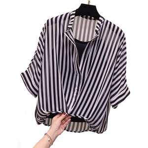 Baju Wanita, Dua Potong, Musim Panas, Blus Kasual Wanita, Leher V Longgar, Lengan Setengah, Kemeja Sifon Macan Tutul, Atasan Garis-garis Ukuran Plus - Product Image 1