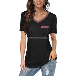 Camiseta de lujo de moda para mujer, diseño de bolsillo con cuello en V personalizado, precio de fábrica impreso disponible, franela vaquera Spandex, venta al por mayor - Product Image 4