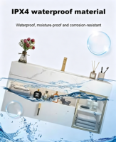 Meuble-lavabo flottant blanc étanche IPX4 à tiroir unique, nouveau modèle, avec porte en verre, éclairage LED et plateau en marbre, idéal pour hôtel