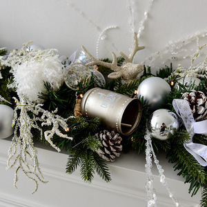 LINGKAI <b>Silver</b> White Christmas Garland Pre-lit Artificial Pine Greenery With Baubles Pinecones for Fireplace Decor - Product Image 3