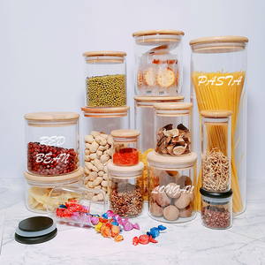 Custom Airtight Kitchen Spice Tea Pasta Food Borosilicate Glass Containers Storage Jars with Wooden Bamboo Lid