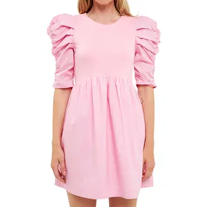 Fashion Ladies Summer Clothes Pink Puff Sleeved Dress Pleated Ruched Cotton Dress