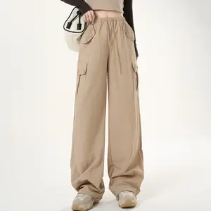 New Style Women's Loose Cargo Pants Custom High Street Fashion Girls Solid Color Trousers Casual Elastic Waist Pants