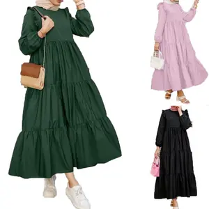 Ropa islámica para mujer, vestido informal plisado de manga larga, cuello redondo, abaya, Primavera