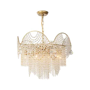 Потолочная люстра с бусинами и подвесным абажуром, золотистая декоративная лампа для дома, спальни, столовой