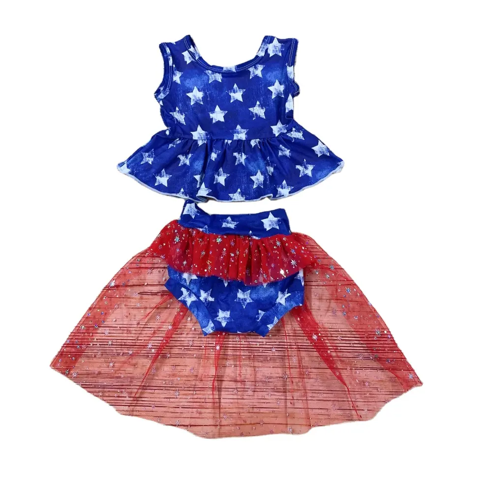 Accept Custom Kids 4th Of July Outfits Baby Girls Tutu Sets Toddler Star Print Halter Top Lace Bummies Clothes