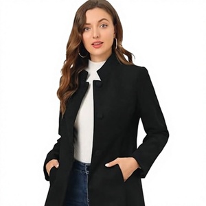 Manteau long en laine noir pour femme, col cranté, simple boutonnage, décontracté, pour l'automne - Product Image 1