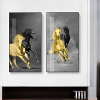 Chevaux au galop Décoration intérieure Art mural animal Cheval en verre jaune et noir Peinture en cristal de luxe